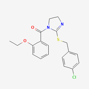 molecular formula C19H19ClN2O2S B2997657 [2-[(4-Chlorophenyl)methylsulfanyl]-4,5-dihydroimidazol-1-yl]-(2-ethoxyphenyl)methanone CAS No. 851801-58-6