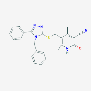 molecular formula C24H21N5OS B299770 5-{[(4-benzyl-5-phenyl-4H-1,2,4-triazol-3-yl)sulfanyl]methyl}-4,6-dimethyl-2-oxo-1,2-dihydro-3-pyridinecarbonitrile 