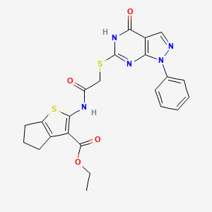 ethyl 2-(2-((4-oxo-1-phenyl-4,5-dihydro-1H-pyrazolo[3,4-d]pyrimidin-6-yl)thio)acetamido)-5,6-dihydro-4H-cyclopenta[b]thiophene-3-carboxylate