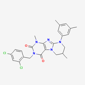 molecular formula C25H25Cl2N5O2 B2997772 3-[(2,4-dichlorophenyl)methyl]-9-(3,5-dimethylphenyl)-1,7-dimethyl-7,8-dihydro-6H-purino[7,8-a]pyrimidine-2,4-dione CAS No. 844823-67-2