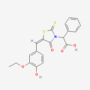 molecular formula C20H17NO5S2 B2997837 (E)-2-(5-(3-ethoxy-4-hydroxybenzylidene)-4-oxo-2-thioxothiazolidin-3-yl)-2-phenylacetic acid CAS No. 638137-86-7