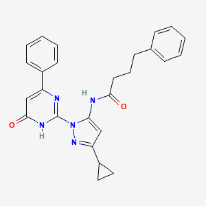 molecular formula C26H25N5O2 B2997921 N-(3-cyclopropyl-1-(6-oxo-4-phenyl-1,6-dihydropyrimidin-2-yl)-1H-pyrazol-5-yl)-4-phenylbutanamide CAS No. 1206996-93-1