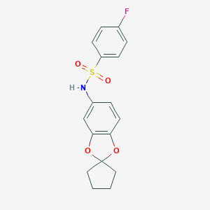 molecular formula C17H16FNO4S B299795 4-fluoro-N-(spiro[1,3-benzodioxole-2,1'-cyclopentan]-5-yl)benzenesulfonamide 
