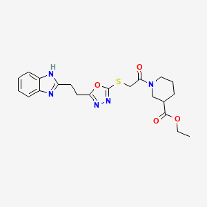 molecular formula C21H25N5O4S B2998049 1-(2-((5-(2-(1H-苯并[d]咪唑-2-基)乙基)-1,3,4-恶二唑-2-硫基)乙酰)哌啶-3-羧酸乙酯 CAS No. 1251565-12-4