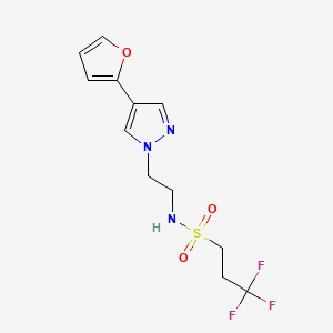 molecular formula C12H14F3N3O3S B2998128 3,3,3-trifluoro-N-(2-(4-(furan-2-yl)-1H-pyrazol-1-yl)ethyl)propane-1-sulfonamide CAS No. 2034513-39-6