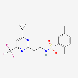 molecular formula C18H20F3N3O2S B2998210 N-(2-(4-cyclopropyl-6-(trifluoromethyl)pyrimidin-2-yl)ethyl)-2,5-dimethylbenzenesulfonamide CAS No. 1396863-03-8