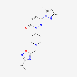 molecular formula C20H27N7O2 B2998219 6-(3,5-Dimethylpyrazol-1-yl)-2-[1-[(3-propan-2-yl-1,2,4-oxadiazol-5-yl)methyl]piperidin-4-yl]pyridazin-3-one CAS No. 2380069-01-0