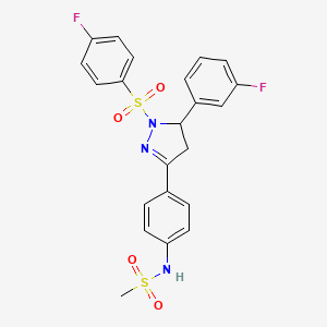 molecular formula C22H19F2N3O4S2 B2998274 N-[4-[3-(3-fluorophenyl)-2-(4-fluorophenyl)sulfonyl-3,4-dihydropyrazol-5-yl]phenyl]methanesulfonamide CAS No. 851781-16-3