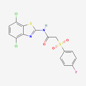 molecular formula C15H9Cl2FN2O3S2 B2998279 N-(4,7-dichlorobenzo[d]thiazol-2-yl)-2-((4-fluorophenyl)sulfonyl)acetamide CAS No. 895484-22-7