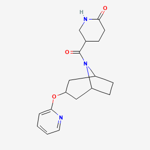molecular formula C18H23N3O3 B2998297 5-((1R,3s,5S)-3-(pyridin-2-yloxy)-8-azabicyclo[3.2.1]octane-8-carbonyl)piperidin-2-one CAS No. 2327230-53-3