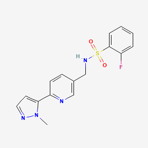 molecular formula C16H15FN4O2S B2998319 2-fluoro-N-((6-(1-methyl-1H-pyrazol-5-yl)pyridin-3-yl)methyl)benzenesulfonamide CAS No. 2034229-95-1