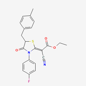molecular formula C22H19FN2O3S B2998350 (Z)-ethyl 2-cyano-2-(3-(4-fluorophenyl)-5-(4-methylbenzyl)-4-oxothiazolidin-2-ylidene)acetate CAS No. 786677-97-2