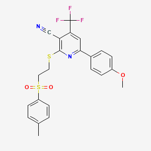 molecular formula C23H19F3N2O3S2 B2998463 2-[(2-Tosylethyl)thio]-4-(trifluoromethyl)-6-(4-methoxyphenyl)pyridine-3-carbonitrile CAS No. 625376-41-2