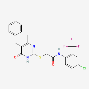 molecular formula C21H17ClF3N3O2S B2998472 2-((5-benzyl-4-methyl-6-oxo-1,6-dihydropyrimidin-2-yl)thio)-N-(4-chloro-2-(trifluoromethyl)phenyl)acetamide CAS No. 919057-32-2