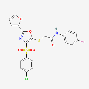 molecular formula C21H14ClFN2O5S2 B2998526 2-((4-((4-chlorophenyl)sulfonyl)-2-(furan-2-yl)oxazol-5-yl)thio)-N-(4-fluorophenyl)acetamide CAS No. 686737-82-6