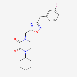 molecular formula C20H21FN4O3 B2998545 1-Cyclohexyl-4-[[3-[(3-fluorophenyl)methyl]-1,2,4-oxadiazol-5-yl]methyl]pyrazine-2,3-dione CAS No. 2379976-28-8