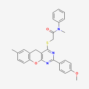 molecular formula C28H25N3O3S B2998590 2-((2-(4-甲氧基苯基)-7-甲基-5H-色满并[2,3-d]嘧啶-4-基)硫代)-N-甲基-N-苯基乙酰胺 CAS No. 866811-24-7