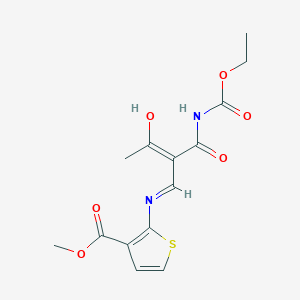molecular formula C14H16N2O6S B2998630 2-[{[(1E)-2-{[(乙氧羰基)氨基]羰基}-3-氧代丁-1-烯-1-基]氨基}硫代苯并-3-甲酸甲酯 CAS No. 338750-48-4