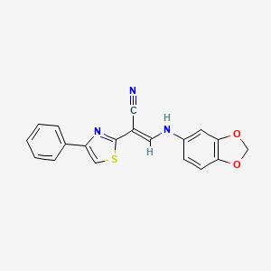 molecular formula C19H13N3O2S B2998677 (E)-3-(benzo[d][1,3]dioxol-5-ylamino)-2-(4-phenylthiazol-2-yl)acrylonitrile CAS No. 377049-84-8