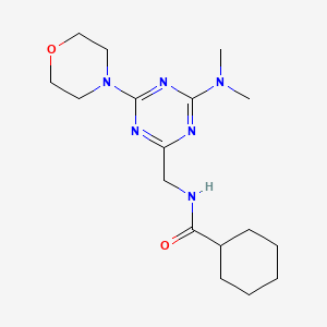 molecular formula C17H28N6O2 B2998793 N-((4-(二甲氨基)-6-吗啉代-1,3,5-三嗪-2-基)甲基)环己烷甲酰胺 CAS No. 2034542-72-6