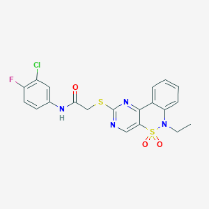 molecular formula C20H16ClFN4O3S2 B2998807 N-(3-chloro-4-fluorophenyl)-2-((6-ethyl-5,5-dioxido-6H-benzo[c]pyrimido[4,5-e][1,2]thiazin-2-yl)thio)acetamide CAS No. 951513-05-6