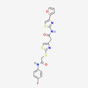 molecular formula C20H15FN4O3S3 B2998815 N-(4-fluorophenyl)-2-((4-(2-((4-(furan-2-yl)thiazol-2-yl)amino)-2-oxoethyl)thiazol-2-yl)thio)acetamide CAS No. 1207036-25-6