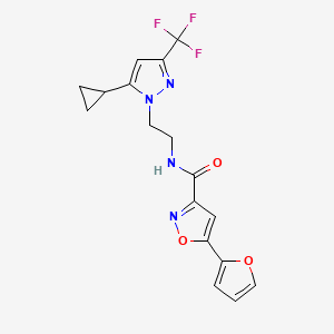 molecular formula C17H15F3N4O3 B2998970 N-(2-(5-环丙基-3-(三氟甲基)-1H-吡唑-1-基)乙基)-5-(呋喃-2-基)异恶唑-3-甲酰胺 CAS No. 1797817-04-9