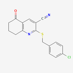 molecular formula C17H13ClN2OS B2999016 2-[(4-Chlorophenyl)methylthio]-5-oxo-6,7,8-trihydroquinoline-3-carbonitrile CAS No. 442557-84-8