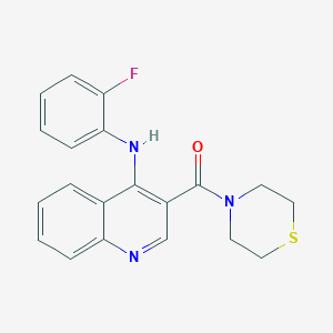 molecular formula C20H18FN3OS B2999095 (4-((2-Fluorophenyl)amino)quinolin-3-yl)(thiomorpholino)methanone CAS No. 1357782-88-7