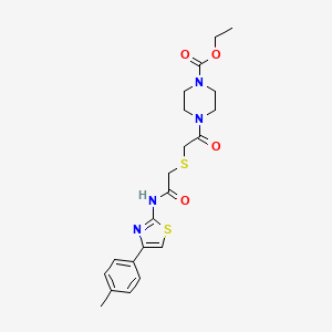 molecular formula C21H26N4O4S2 B2999124 Ethyl 4-(2-((2-oxo-2-((4-(p-tolyl)thiazol-2-yl)amino)ethyl)thio)acetyl)piperazine-1-carboxylate CAS No. 681222-35-5