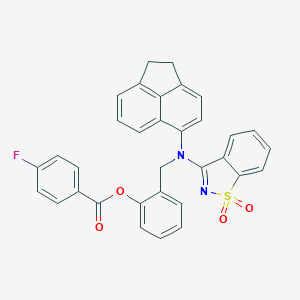 molecular formula C33H23FN2O4S B299918 2-{[1,2-Dihydro-5-acenaphthylenyl(1,1-dioxido-1,2-benzisothiazol-3-yl)amino]methyl}phenyl 4-fluorobenzoate 