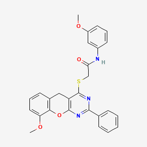 molecular formula C27H23N3O4S B2999228 N-(3-methoxyphenyl)-2-[(9-methoxy-2-phenyl-5H-chromeno[2,3-d]pyrimidin-4-yl)sulfanyl]acetamide CAS No. 872196-64-0