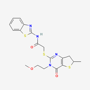 molecular formula C19H20N4O3S3 B2999242 N-(benzo[d]thiazol-2-yl)-2-((3-(2-methoxyethyl)-6-methyl-4-oxo-3,4,6,7-tetrahydrothieno[3,2-d]pyrimidin-2-yl)thio)acetamide CAS No. 851410-20-3