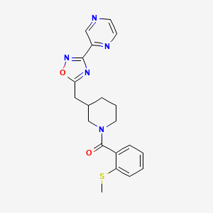 molecular formula C20H21N5O2S B2999250 (2-(Methylthio)phenyl)(3-((3-(pyrazin-2-yl)-1,2,4-oxadiazol-5-yl)methyl)piperidin-1-yl)methanone CAS No. 1705209-34-2