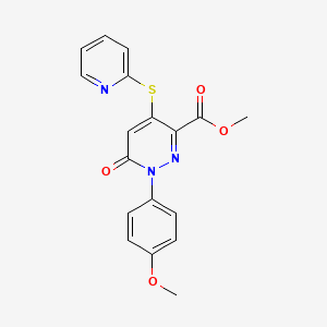molecular formula C18H15N3O4S B2999291 Methyl 1-(4-methoxyphenyl)-6-oxo-4-(2-pyridinylsulfanyl)-1,6-dihydro-3-pyridazinecarboxylate CAS No. 338396-07-9