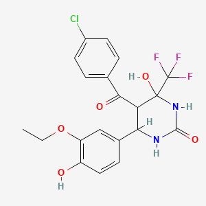 molecular formula C20H18ClF3N2O5 B2999323 5-(4-chlorobenzoyl)-6-(3-ethoxy-4-hydroxyphenyl)-4-hydroxy-4-(trifluoromethyl)tetrahydropyrimidin-2(1H)-one CAS No. 474005-43-1