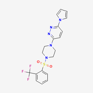 molecular formula C19H18F3N5O2S B2999336 3-(1H-pyrrol-1-yl)-6-(4-((2-(trifluoromethyl)phenyl)sulfonyl)piperazin-1-yl)pyridazine CAS No. 1421457-61-5