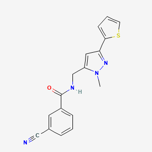 molecular formula C17H14N4OS B2999337 3-Cyano-N-[(2-methyl-5-thiophen-2-ylpyrazol-3-yl)methyl]benzamide CAS No. 2309747-84-8