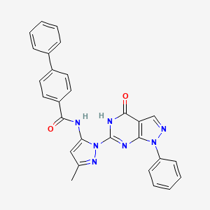 molecular formula C28H21N7O2 B2999392 N-(3-methyl-1-(4-oxo-1-phenyl-4,5-dihydro-1H-pyrazolo[3,4-d]pyrimidin-6-yl)-1H-pyrazol-5-yl)-[1,1'-biphenyl]-4-carboxamide CAS No. 1019097-49-4