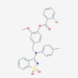 molecular formula C29H23BrN2O5S B299943 4-{[(1,1-Dioxido-1,2-benzisothiazol-3-yl)-4-methylanilino]methyl}-2-methoxyphenyl 2-bromobenzoate 