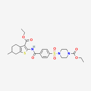 molecular formula C26H33N3O7S2 B2999436 Ethyl 4-((4-((3-(ethoxycarbonyl)-6-methyl-4,5,6,7-tetrahydrobenzo[b]thiophen-2-yl)carbamoyl)phenyl)sulfonyl)piperazine-1-carboxylate CAS No. 398998-95-3