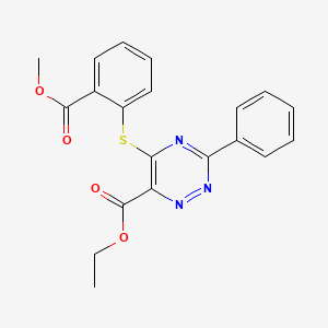 molecular formula C20H17N3O4S B2999452 Ethyl 5-{[2-(methoxycarbonyl)phenyl]sulfanyl}-3-phenyl-1,2,4-triazine-6-carboxylate CAS No. 338957-34-9