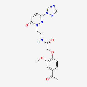 molecular formula C19H20N6O5 B2999479 2-(4-acetyl-2-methoxyphenoxy)-N-(2-(6-oxo-3-(1H-1,2,4-triazol-1-yl)pyridazin-1(6H)-yl)ethyl)acetamide CAS No. 1448043-57-9
