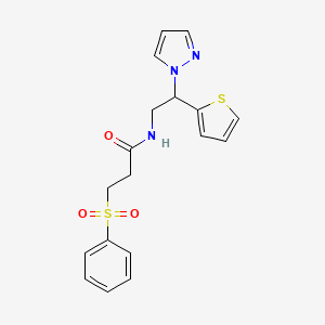 molecular formula C18H19N3O3S2 B2999681 N-(2-(1H-pyrazol-1-yl)-2-(thiophen-2-yl)ethyl)-3-(phenylsulfonyl)propanamide CAS No. 2034344-51-7
