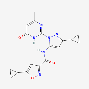 molecular formula C18H18N6O3 B2999708 5-cyclopropyl-N-(3-cyclopropyl-1-(4-methyl-6-oxo-1,6-dihydropyrimidin-2-yl)-1H-pyrazol-5-yl)isoxazole-3-carboxamide CAS No. 1206996-50-0