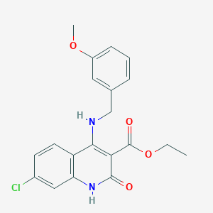 molecular formula C20H19ClN2O4 B2999730 乙酸-7-氯-4-((3-甲氧基苯甲基)氨基)-2-氧代-1,2-二氢喹啉-3-甲酸酯 CAS No. 1251671-04-1