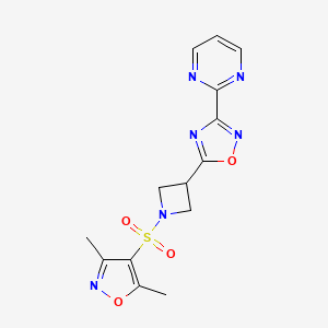 molecular formula C14H14N6O4S B2999780 5-(1-((3,5-Dimethylisoxazol-4-yl)sulfonyl)azetidin-3-yl)-3-(pyrimidin-2-yl)-1,2,4-oxadiazole CAS No. 1331268-91-7