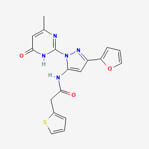 molecular formula C18H15N5O3S B2999799 N-(3-(furan-2-yl)-1-(4-methyl-6-oxo-1,6-dihydropyrimidin-2-yl)-1H-pyrazol-5-yl)-2-(thiophen-2-yl)acetamide CAS No. 1207015-68-6