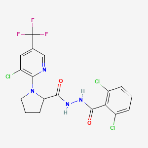 molecular formula C18H14Cl3F3N4O2 B2999857 1-[3-氯-5-(三氟甲基)吡啶-2-基]-N'-(2,6-二氯苯甲酰)吡咯烷-2-甲酰肼 CAS No. 2085703-13-3