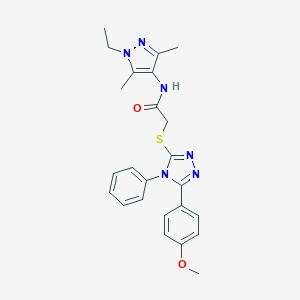 molecular formula C24H26N6O2S B299986 N-(1-ethyl-3,5-dimethyl-1H-pyrazol-4-yl)-2-{[5-(4-methoxyphenyl)-4-phenyl-4H-1,2,4-triazol-3-yl]sulfanyl}acetamide 